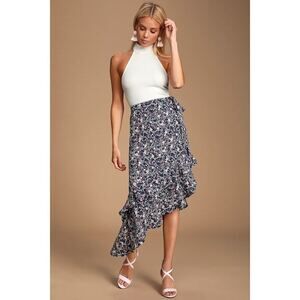 Lulus Cararra Navy Blue Floral Print Ruffled Asymmetrical Midi Skirt - Size XS